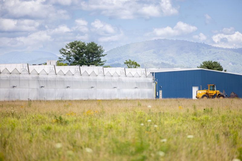 A yellow construction vehicle is parked beside a large white greenhouse and a blue industrial building, surrounded by a grassy field with mountains and trees in the background under a partly cloudy sky. - Van Wingerden Commercial Greenhouses