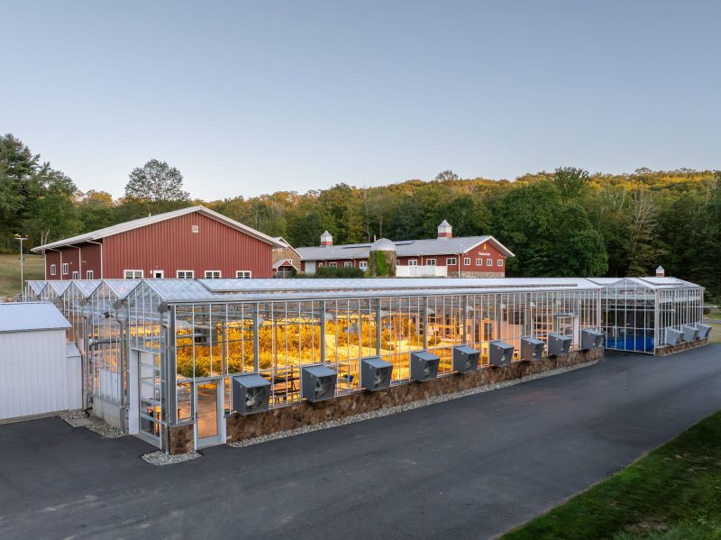 A large greenhouse with illuminated interior plants stands in front of a red barn and other farm buildings, surrounded by trees and a paved road, under a clear sky. - Van Wingerden Commercial Greenhouses