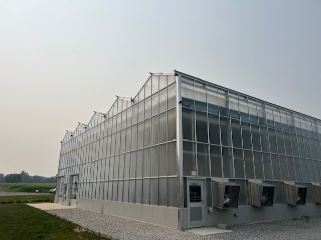 A large, modern greenhouse with clear panels and a metal frame stands on a gravel path. Several ventilation units are mounted along one wall. The sky appears overcast. - Van Wingerden Commercial Greenhouses